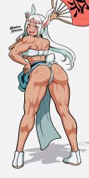 Rule 34 | 1girl, :d, absurdres, animal ears, ass, bare arms, bare shoulders, boku no hero academia, breasts, clenched hand, clothing cutout, dark-skinned female, dark skin, from behind, full body, fundoshi, hand fan, hand on own hip, harurukan, headband, highres, holding, holding fan, japanese clothes, large breasts, leaning forward, legs, long eyelashes, long hair, looking at viewer, looking back, median furrow, mirko, muscular, muscular female, open mouth, oversized object, parted bangs, pelvic curtain, rabbit ears, rabbit girl, rabbit tail, red eyes, sarashi, shadow, smile, solo, tail, tail through clothes, thighs, twitter username, underboob, white footwear, white hair
