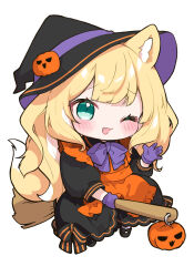 Rule 34 | 1girl, :3, animal ear fluff, animal ears, apron, black dress, blonde hair, blush, bow, broom, broom riding, chibi, colored inner hair, commentary request, dress, fang, fox ears, fox girl, fox tail, fuwafuwa-chan (kamiyoshi rika), gloves, green eyes, halloween, hand up, hat, highres, jack-o&#039;-lantern ornament, kamiyoshi rika, long hair, multicolored hair, one eye closed, open mouth, orange apron, original, purple bow, purple gloves, simple background, smile, solo, tail, wavy hair, white background, witch hat