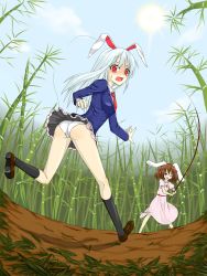 Rule 34 | 2girls, animal ears, ass, assisted exposure, bad id, bad pixiv id, bamboo, bamboo forest, black socks, blue sky, blush, breasts, brown hair, carrot, clothes lift, cloud, day, dress, fisheye, fishing line, fishing rod, forest, grass, highres, inaba tewi, jacket, jewelry, kneehighs, long hair, looking at viewer, medium breasts, multiple girls, nakoto (joker4526), nature, necktie, one eye closed, open mouth, outdoors, panties, pendant, pink dress, pleated skirt, rabbit ears, red eyes, reisen udongein inaba, running, short hair, skirt, skirt lift, sky, socks, suit jacket, sweatdrop, touhou, underwear, white hair, white panties, wink