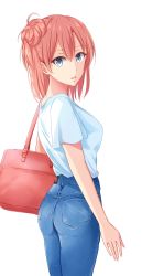 Rule 34 | 10s, 1girl, absurdres, ass, bag, blue eyes, breasts, denim, hair between eyes, hair bun, highres, jeans, large breasts, looking at viewer, looking back, open mouth, orange hair, pants, pink hair, ponpon (ponpon62126), short hair, simple background, single hair bun, solo, standing, white background, yahari ore no seishun lovecome wa machigatteiru., yuigahama yui