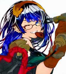 Rule 34 | blue hair, character name, chocolate, close-up, dark blue hair, earrings, framed, glasses, granblue fantasy, hair ornament, heart, heart in mouth, illnott (granblue fantasy), jewelry, necklace, one eye closed, paint, paint gun, painting (action), saya atena, smile, upper body, valentine, white background