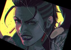 Rule 34 | 1girl, apex legends, black border, black gloves, black hair, border, brown eyes, clenched teeth, crack, cracked glass, daichi midori, earrings, fingerless gloves, gloves, hair slicked back, jewelry, looking at viewer, mad maggie (apex legends), portrait, purple lips, solo, teeth, yellow background