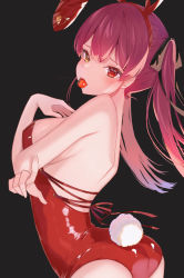 Rule 34 | 1girl, absurdres, alternate costume, animal ears, arched back, ass, black background, black ribbon, blush, breasts, cherry, crossed arms, fake animal ears, fake tail, food, food in mouth, from side, fruit, hair ribbon, hairband, hand up, heterochromia, highres, hololive, houshou marine, leotard, long hair, looking at viewer, looking to the side, playboy bunny, pointing, pointing at viewer, rabbit ears, rabbit tail, raised eyebrows, red eyes, red hair, red hairband, red leotard, ribbon, runlan 0329, simple background, solo, tail, twintails, virtual youtuber, yellow eyes