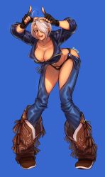 Rule 34 | 1girl, angel (kof), boots, bra, breasts, chaps, cleavage, cowboy boots, cropped jacket, horns pose, fingerless gloves, gloves, hair over one eye, highres, index fingers raised, jacket, jinmessan, large breasts, leather, leather jacket, simple background, snk, solo, strapless, strapless bra, the king of fighters, the king of fighters xiv, the king of fighters xv, toned, underwear, white hair