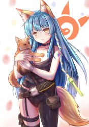 Rule 34 | 1girl, :&gt;, animal, animal ears, blue hair, blush, breasts, cleavage, collar, collarbone, fox, fox ears, fox tail, highres, holding, holding animal, large breasts, looking at viewer, lotpe, qurare magic library, smile, tail, yellow eyes