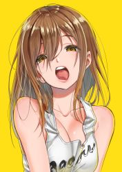 Rule 34 | 10s, 1girl, bare shoulders, blush, breasts, brown eyes, brown hair, cleavage, commentary request, hair between eyes, kotori asobu, kunikida hanamaru, large breasts, long hair, looking at viewer, love live!, love live! school idol project, love live! sunshine!!, open mouth, sidelocks, simple background, solo, tank top, teeth, tongue, upper body, yellow background