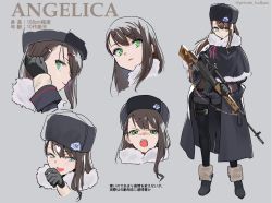 Rule 34 | 1girl, brown hair, character name, commentary request, fur hat, gloves, green eyes, gun, hair ornament, hairclip, hat, highres, long hair, mitsusaka mitsumi, multiple views, original, rifle, sniper rifle, thighhighs, translation request, ushanka, weapon