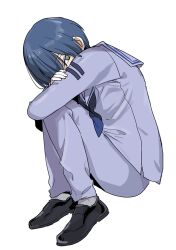 Rule 34 | 1boy, black footwear, blue hair, blue neckerchief, blue pants, blue shirt, commentary request, employee (project moon), grey eyes, hugging own legs, lobotomy corporation, long sleeves, male focus, medu (rubish), neckerchief, pants, project moon, sailor, sailor collar, sailor shirt, shirt, shoes, short hair, simple background, sitting, solo, white background