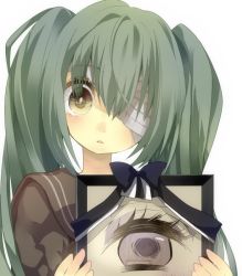 Rule 34 | 1girl, bad id, bad pixiv id, bandage over one eye, bandages, eyepatch, green hair, hatsune miku, head tilt, iei, long hair, paranato, photo (object), simple background, solo, twintails, vocaloid