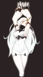 Rule 34 | 10s, 1girl, abyssal ship, armpits, arms up, breasts, claws, detached sleeves, dress, female focus, horns, kantai collection, large breasts, long hair, pale skin, red eyes, ribbed dress, ribbed sweater, seaport princess, short dress, single horn, solo, sweater, sweater dress, uyu (keyakinoki), very long hair, white hair