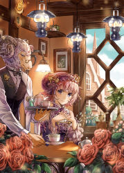 Rule 34 | 1boy, 1girl, animal ears, cafe, clock, commentary request, cup, flower, glasses, hairband, horns, interlocked fingers, lantern, original, purple eyes, red flower, red rose, riolabo, rose, sheep, sitting, steeple, table, teacup, teapot, tray, waiter, window