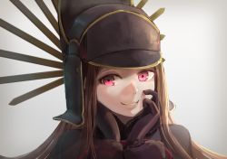 Rule 34 | 1girl, black gloves, brown hair, chacha (fate), fate/grand order, fate (series), gloves, hat, hsin, long hair, purple eyes, smile, solo