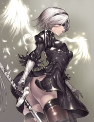 Rule 34 | 1girl, 2b (nier:automata), arm at side, ass, back cutout, backless dress, backless outfit, black dress, black footwear, black hairband, black ribbon, black thighhighs, blindfold, boots, breasts, brown thighhighs, clothing cutout, covered eyes, cowboy shot, dress, feather-trimmed sleeves, feather trim, feathers, from below, from side, gloves, hair over eyes, hairband, highres, holding, holding sword, holding weapon, juliet sleeves, katana, legs apart, light particles, long sleeves, medium breasts, nier:automata, nier (series), no panties, open mouth, parted lips, pink lips, profile, puffy sleeves, ribbed dress, ribbon, shiny clothes, short dress, short hair, shoulder blades, side slit, silver hair, skin tight, skindentation, small breasts, solo, spread wings, standing, sword, tangamja, tassel, thigh boots, thighhighs, vambraces, weapon, white wings, wings