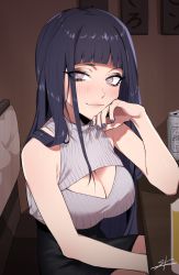 Rule 34 | 1girl, aged up, bare arms, bare shoulders, black hair, black skirt, blue nails, blunt bangs, blush, breasts, can, chair, cleavage, cleavage cutout, closed mouth, clothing cutout, commentary, grey eyes, hand up, hyuuga hinata, indoors, j.k., large breasts, long hair, looking at viewer, nail polish, naruto, naruto (series), pencil skirt, sitting, skirt, sleeveless, smile, solo, table, wooden table