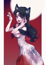 Rule 34 | 1girl, absurdres, animal ear fluff, animal ears, claw pose, dress, fangs, fingernails, gradient dress, highres, imaizumi kagerou, long hair, momijigari, open mouth, red background, red eyes, red nails, sharp fingernails, solo, touhou, wolf ears, wolf girl