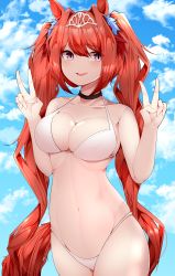 Rule 34 | 1girl, absurdres, animal ears, bare arms, bikini, black choker, blue sky, breasts, choker, cleavage, cloud, collarbone, commentary, cowboy shot, daiwa scarlet (umamusume), dated commentary, double v, hair between eyes, hair ornament, halterneck, hands up, highleg, highleg bikini, highres, horse ears, horse girl, horse tail, huge filesize, large breasts, long hair, navel, open mouth, purple eyes, red eyes, samip, sky, smile, solo, standing, stomach, string bikini, swimsuit, tail, tiara, twintails, umamusume, v, very long hair, white bikini