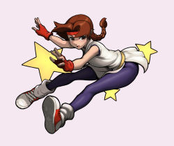 Rule 34 | 1girl, ass, bare shoulders, breasts, brown eyes, brown hair, gloves, headband, highres, hip attack, long hair, looking at viewer, open mouth, shiny clothes, shoes, sneakers, snk, solo, spandex, the king of fighters, thick thighs, thighs, very long hair, yuri sakazaki