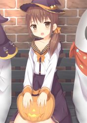 Rule 34 | 1girl, :d, bad id, bad pixiv id, bandana, bandana over mouth, bench, black hat, black skirt, blush, bow, brick wall, brown eyes, brown hair, collarbone, collared shirt, commentary request, fingernails, ghost costume, hair over shoulder, hair ribbon, halloween, hat, head tilt, high-waist skirt, highres, jack-o&#039;-lantern, long hair, long sleeves, looking at viewer, low ponytail, neck, neckerchief, off shoulder, open mouth, orange bandana, orange bow, orange neckerchief, orange ribbon, original, park bench, pumpkin, ribbon, shirt, sidelocks, sitting, skirt, smile, solo focus, star (symbol), tareme, usagino suzu, white shirt, witch hat