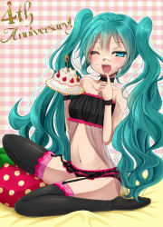 Rule 34 | 1girl, aqua eyes, aqua hair, cake, choker, finger to mouth, food, food on face, garter belt, garter straps, hatsune miku, kadomaki shinnosuke, lace, lace-trimmed legwear, lace trim, long hair, navel, one eye closed, open mouth, sitting, solo, thighhighs, twintails, very long hair, vocaloid, wink