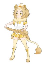 Rule 34 | 10s, 1girl, :3, animal ear fluff, animal ears, bangs pinned back, boots, clothes around waist, full body, fur collar, hair bobbles, hair ornament, ise (0425), kemono friends, knee boots, masai lion (kemono friends), open mouth, plaid, plaid neckwear, plaid skirt, plaid trim, pleated skirt, shirt, simple background, skirt, smile, solo, tail, thighhighs, unmoving pattern, white background, white shirt, zettai ryouiki