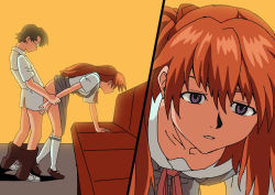 Rule 34 | 1boy, 1girl, aida kensuke, artist request, bent over, blue eyes, breasts, brown hair, cleavage, clothes pull, couple, dress, evangelion: 3.0+1.0 thrice upon a time, glasses, hair between eyes, hair ornament, hairclip, hetero, holding hands, legs, long hair, neon genesis evangelion, pants, pants pull, rebuild of evangelion, red hair, school uniform, sex, sex from behind, sexually suggestive, souryuu asuka langley, twintails, upskirt
