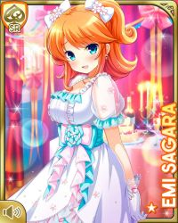 Rule 34 | 1girl, :d, blue eyes, bow, character name, dress, girlfriend (kari), gloves, hair ribbons, indoors, looking at viewer, medium hair, night, official art, open mouth, orange hair, pink bow, qp:flapper, ribbon, sagara emi, smile, solo, tagme, two side up, white bow, white dress, white gloves