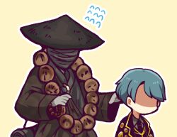 Rule 34 | 2boys, aqua hair, bead necklace, beads, black headwear, black jacket, black vest, clouded monk, collared shirt, commentary request, employee (project moon), faceless, faceless male, flying sweatdrops, grey shirt, hat, hatake shimeji, jacket, jewelry, lobotomy corporation, long sleeves, male focus, multiple boys, necklace, outline, project moon, shirt, short hair, simple background, vest, white outline, yellow background