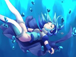 Rule 34 | 1girl, blue eyes, blue gloves, blue hair, blue theme, bubble, cape, fingerless gloves, gem, gloves, gradient background, matching hair/eyes, md5 mismatch, ole tower, resized, sinking, solo, submersible pump (ole tower), thighhighs, underwater
