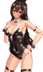 Rule 34 | 1girl, absurdres, alternate breast size, amber (genshin impact), animal ears, arm strap, bad id, bad twitter id, black leotard, black ribbon, black wrist cuffs, breasts, brown eyes, brown hair, cleavage, clyde s, contrapposto, covered navel, detached collar, fake animal ears, genshin impact, gluteal fold, hand on own chest, hand on own hip, highleg, highleg leotard, highres, large breasts, leotard, light blush, long hair, looking at viewer, neck ribbon, open mouth, playboy bunny, rabbit ears, ribbon, solo, strapless, strapless leotard, thigh strap, white background, wrist cuffs