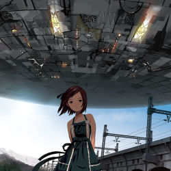 Rule 34 | 1girl, arms behind back, brown eyes, brown hair, hamamura, highres, looking at viewer, mountain, power lines, solo, ufo