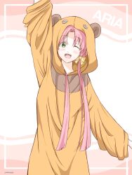 Rule 34 | 1girl, andanden, animal costume, aria (manga), arm up, bear costume, bow, collarbone, cowboy shot, green eyes, hair bow, highres, hood, hood up, looking at viewer, mizunashi akari, one eye closed, open mouth, parted bangs, pink hair, shadow, short hair with long locks, signature, smile, solo, teeth, upper teeth only, white background, yellow bow