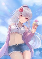 Rule 34 | 1girl, alternate costume, alternate hairstyle, closed mouth, denim, denim shorts, earrings, fire emblem, fire emblem: three houses, flower, hair flower, hair ornament, highres, holding, ice cream cone, jewelry, leonmandala, long hair, lysithea von ordelia, midriff, nintendo, open fly, pink eyes, ponytail, shorts, smile, solo, unbuttoned, white hair