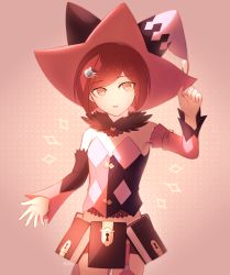 Rule 34 | artist name, asymmetrical sleeves, bare shoulders, bob cut, book, commentary, commission, cosplay, cowboy shot, danganronpa (series), danganronpa v3: killing harmony, detached sleeves, dot nose, dress, english commentary, flat chest, hair ornament, hairclip, hat, highres, keyhole, looking at viewer, magilou (tales), magilou (tales) (cosplay), mismatched sleeves, pink background, pink eyes, pink sleeves, red hair, short hair, simple background, tokilos, yumeno himiko