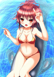 Rule 34 | 1girl, absurdres, bare arms, bare shoulders, bikini, blush, breasts, cameltoe, cleavage, collarbone, dolphin, fang, front-tie bikini top, front-tie top, highres, looking at viewer, medium breasts, navel, nyarumi (buluerose), o-ring, o-ring top, open mouth, orange bikini, original, red eyes, red hair, riding, shiny skin, short hair, solo, swimsuit, thigh gap, water