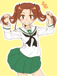 Rule 34 | 1girl, black neckerchief, black ribbon, blouse, brown eyes, brown hair, commentary request, cowboy shot, girls und panzer, green skirt, grin, hair ribbon, holding, holding own hair, kadotani anzu, long hair, long sleeves, looking at viewer, miniskirt, neckerchief, notice lines, ooarai school uniform, oosaka kanagawa, outline, parted bangs, pleated skirt, ribbon, sailor collar, school uniform, serafuku, shirt, skirt, smile, solo, standing, twintails, white outline, white sailor collar, white shirt, yellow background