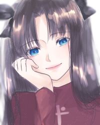 Rule 34 | 1girl, black bow, blue eyes, bow, brown hair, fate/stay night, fate (series), hair bow, highres, long hair, looking at viewer, red sweater, roku (ntbr fate), smile, sweater, tohsaka rin, turtleneck, two side up, upper body, white background