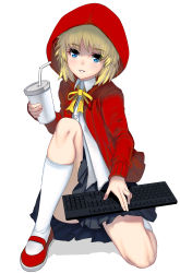 Rule 34 | 1girl, blonde hair, blue eyes, cloak, clothes between thighs, cup, drinking straw, highres, holding, holding cup, hood, hood up, hooded cloak, keyboard (computer), knee up, kouno (masao), little red riding hood, little red riding hood (grimm), looking at viewer, red cloak, red hood, short hair, simple background, sitting, solo, white background