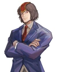Rule 34 | 1other, androgynous, blue suit, brown hair, chin, chinese commentary, closed mouth, coattails, collared shirt, commentary request, crossed arms, formal, gold trim, headgear, highres, kokutenshi hibaru, layered sleeves, len&#039;en, long sleeves, looking at viewer, necktie, red eyes, red headwear, red necktie, sdz (inazuma), shirt, short hair, smile, suit, upper body, white background, white shirt