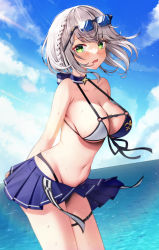 Rule 34 | 1girl, 29hyeon, absurdres, arms behind back, bikini, bikini skirt, blue sky, blush, braid, breasts, choker, cloud, crown braid, day, eyewear on head, floating hair, from side, green eyes, grey hair, highres, hololive, large breasts, leaning forward, looking at viewer, navel, ocean, parted lips, shirogane noel, shirogane noel (summer 2020), short hair, sky, solo, stomach, strap gap, sunglasses, swimsuit, thigh strap, thighs, virtual youtuber