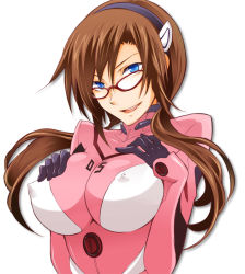 Rule 34 | 00s, 1girl, :d, aoi remi, bad id, bad pixiv id, blue eyes, bodysuit, breast suppress, breasts, brown hair, covered erect nipples, evangelion: 2.0 you can (not) advance, glasses, gloves, hair over shoulder, hairband, impossible bodysuit, impossible clothes, large breasts, long hair, looking at viewer, low twintails, makinami mari illustrious, naughty face, neon genesis evangelion, nipples, open mouth, pilot suit, plugsuit, puffy nipples, rebuild of evangelion, red-framed eyewear, simple background, skin tight, smile, solo, turtleneck, twintails, upper body, white background