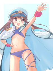 Rule 34 | 1girl, :d, armpits, bikini, blue border, blue hair, blunt bangs, border, brown eyes, brown hair, coat, coat on shoulders, colored inner hair, commentary, cowboy shot, criss-cross halter, epaulettes, flat chest, halterneck, hand on own hip, hat, highres, hozuki momiji, kyarahiba, leg ribbon, long hair, multicolored hair, navel, official alternate costume, official alternate hair length, official alternate hairstyle, onii-chan wa oshimai!, open mouth, outside border, outstretched arm, peaked cap, purple bikini, ribbon, simple background, smile, solo, stomach, swimsuit, thigh ribbon, white border, white coat, wrist cuffs