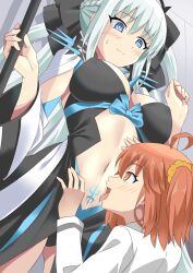 Rule 34 | 2girls, ahoge, black bow, black dress, black ribbon, blue eyes, blush, bow, braid, breasts, center opening, chaldea uniform, commentary request, dress, fate/grand order, fate (series), female pervert, french braid, fujimaru ritsuka (female), gluteal fold, hair bow, hair ornament, hair ribbon, hair scrunchie, hand on another&#039;s stomach, hand up, highres, holding, holding staff, licking, licking stomach, linea alba, long hair, looking at another, looking down, medium breasts, morgan le fay (fate), multiple girls, navel, one side up, orange eyes, orange hair, pervert, ribbon, saliva, scrunchie, shimouki izui, short hair, side ponytail, staff, stomach, stomach tattoo, sweatdrop, tattoo, tongue, tongue out, very long hair, white hair, yellow scrunchie, yuri