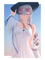 Rule 34 | 1girl, absurdres, azur lane, black hat, breasts, closed mouth, collarbone, cropped torso, dress, dunkerque (afternoon venus) (azur lane), dunkerque (azur lane), eyewear on head, grey hair, hand on headwear, hat, highres, jewelry, long hair, looking at viewer, medium breasts, necklace, official alternate costume, red eyes, ring, ring necklace, rzk iii, smile, solo, sun hat, sunglasses, white background, white dress