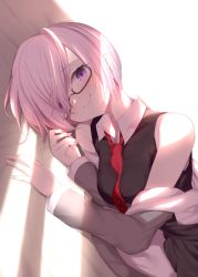 Rule 34 | 1girl, bare shoulders, between breasts, breasts, commentary request, fate/grand order, fate (series), glasses, hair over one eye, highres, jacket, large breasts, long sleeves, looking at viewer, lying, maosame, mash kyrielight, necktie, off shoulder, on side, purple eyes, purple hair, red necktie, short hair, smile, solo