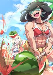 Rule 34 | 2girls, :d, :o, abs, absurdres, aged up, beach, bikini, black hair, blindfold, breasts, cleavage, clothes around waist, creatures (company), day, food, fruit, game freak, highres, jacket, jacket around waist, jewelry, juno son, lillie (pokemon), medium breasts, multiple girls, muscular, muscular female, nintendo, o-ring, o-ring bikini, o-ring top, open mouth, outdoors, pendant, pokemon, pokemon sm, red bikini, selene (pokemon), smile, suikawari, swimsuit, watermelon, white bikini