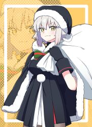 Rule 34 | 1girl, alternate costume, artoria pendragon (all), artoria pendragon (fate), black cape, black dress, black gloves, black hat, bow, bowtie, brown pantyhose, cape, christmas, closed mouth, commentary request, cosplay, dress, fate/grand order, fate (series), fur-trimmed cape, fur-trimmed headwear, fur trim, gloves, hair between eyes, hat, highres, holding, holding sack, jeanne d&#039;arc alter (fate), looking at viewer, nonoitou110, pantyhose, saber alter, sack, santa alter, santa alter (cosplay), santa costume, santa hat, short hair, sleeveless, sleeveless dress, smile, solo, yellow background, yellow eyes