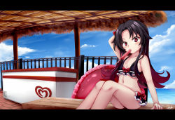 Rule 34 | 1girl, arm behind head, arm up, bare arms, bare shoulders, bench, bikini, black bikini, black hair, blue sky, blush, bow, chrisandita, cloud, collarbone, commentary, day, english commentary, food, food in mouth, gradient hair, hair bow, highres, horizon, innertube, knees up, letterboxed, long hair, mouth hold, multicolored hair, navel, ocean, on bench, outdoors, parted bangs, popsicle, railing, red bow, red eyes, red hair, ryuuou no oshigoto!, signature, sitting, sky, solo, swim ring, swimsuit, v-shaped eyebrows, very long hair, water, yashajin ai