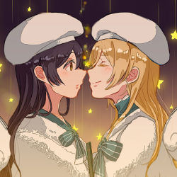 Rule 34 | 10s, 2girls, ayase eli, bad id, bad pixiv id, beret, blonde hair, blue hair, bow, brown eyes, closed eyes, face-to-face, hair down, hat, long hair, love live!, love live! school idol festival, love live! school idol project, multiple girls, noses touching, shin9tani, smile, sonoda umi, star (symbol), wings, yuri
