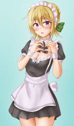 Rule 34 | 1girl, alternate costume, anti (untea9), apron, blonde hair, blush, breasts, cleavage, cropped legs, detached collar, enmaided, hair between eyes, heart, heart hands, highres, kantai collection, looking at viewer, maid, maid headdress, medium breasts, open mouth, perth (kancolle), purple eyes, short hair, solo, wrist cuffs