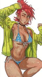 Rule 34 | 1girl, bikini, choker, commentary, english commentary, female focus, foster&#039;s home for imaginary friends, frankie foster, grey eyes, highres, jacket, long sleeves, looking to the side, mossacannibalis, navel, one eye closed, open mouth, polka dot, ponytail, red hair, short hair, side-tie bikini bottom, simple background, solo, swimsuit, wet, wet clothes, white background